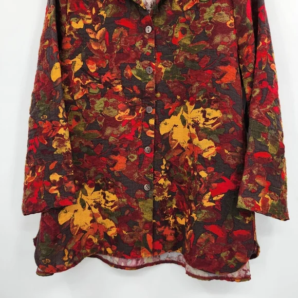 Habitat 3/4 Sleeve Button Front Shirt Womens Size Medium Floral Red Gold Fall - Picture 3 of 7